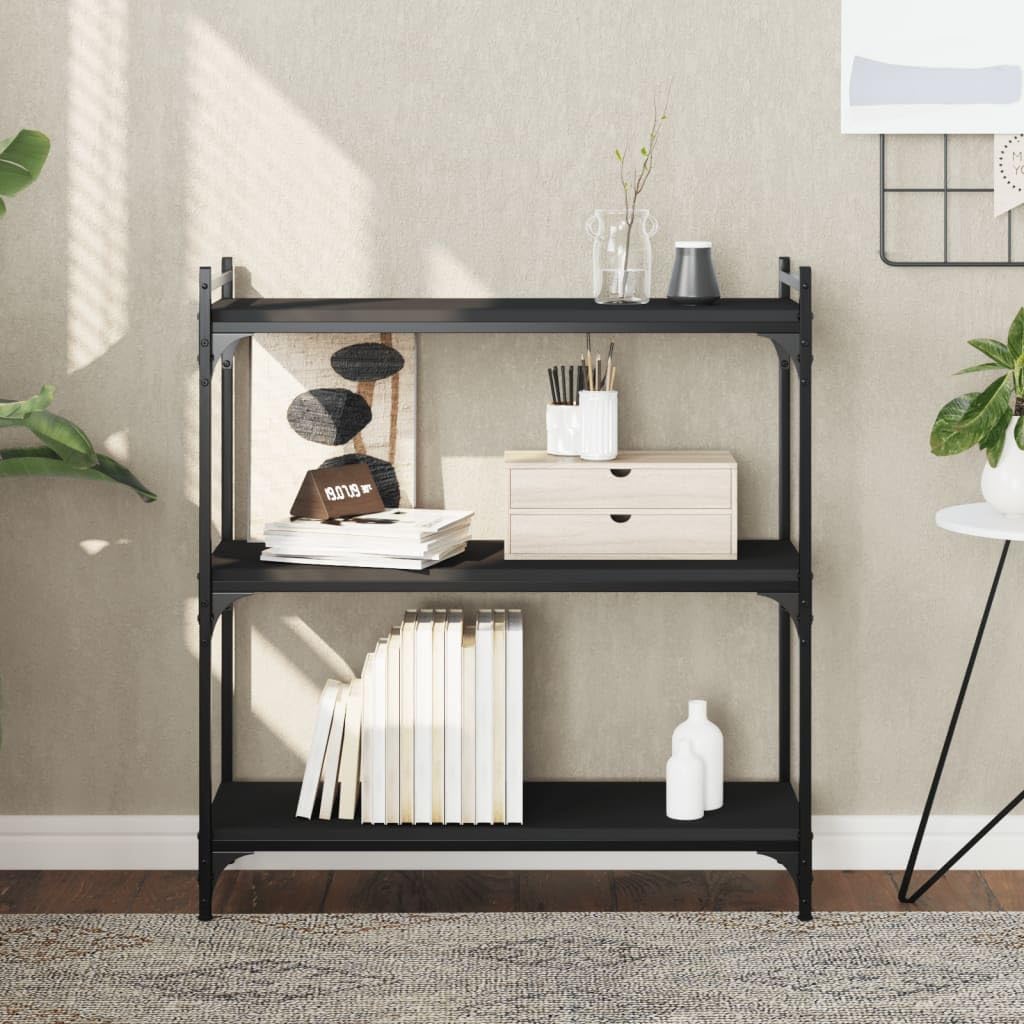 vidaXL Black Bookcase 3-Tier, Industrial Style Engineered Wood and Metal Frame for Home or Office, Easy to Assemble and Clean - 31.5&quot;x11.8&quot;x33.9&quot;