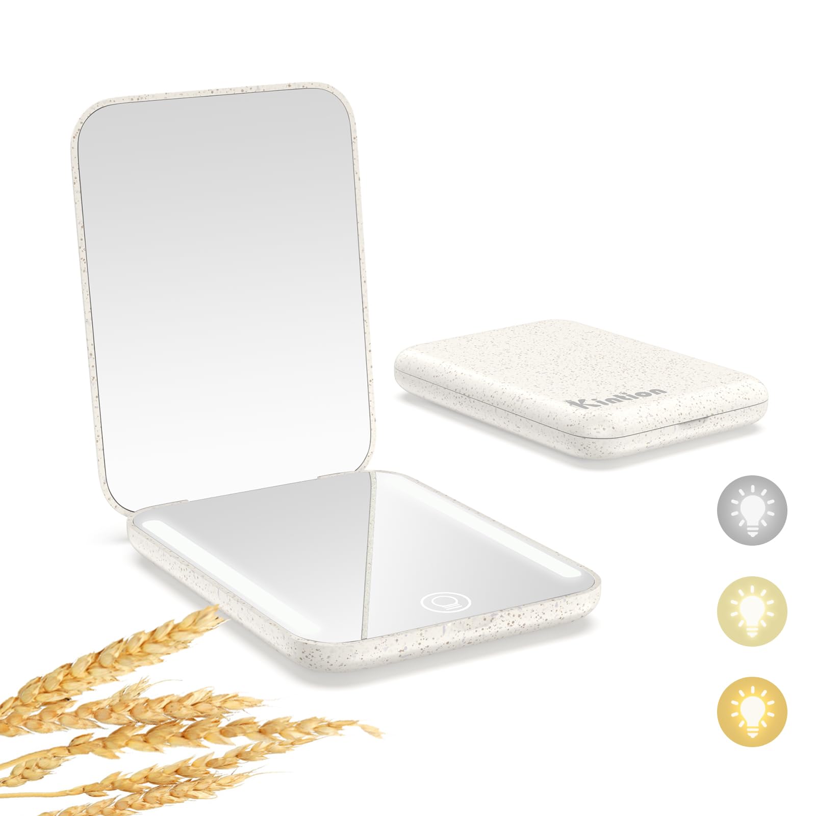 Kintion Rechargeable Pocket Mirror, Wheat Straw Material 1X/3X Magnification Portable Compact Mirror, Handheld Travel Mirror, Sm
