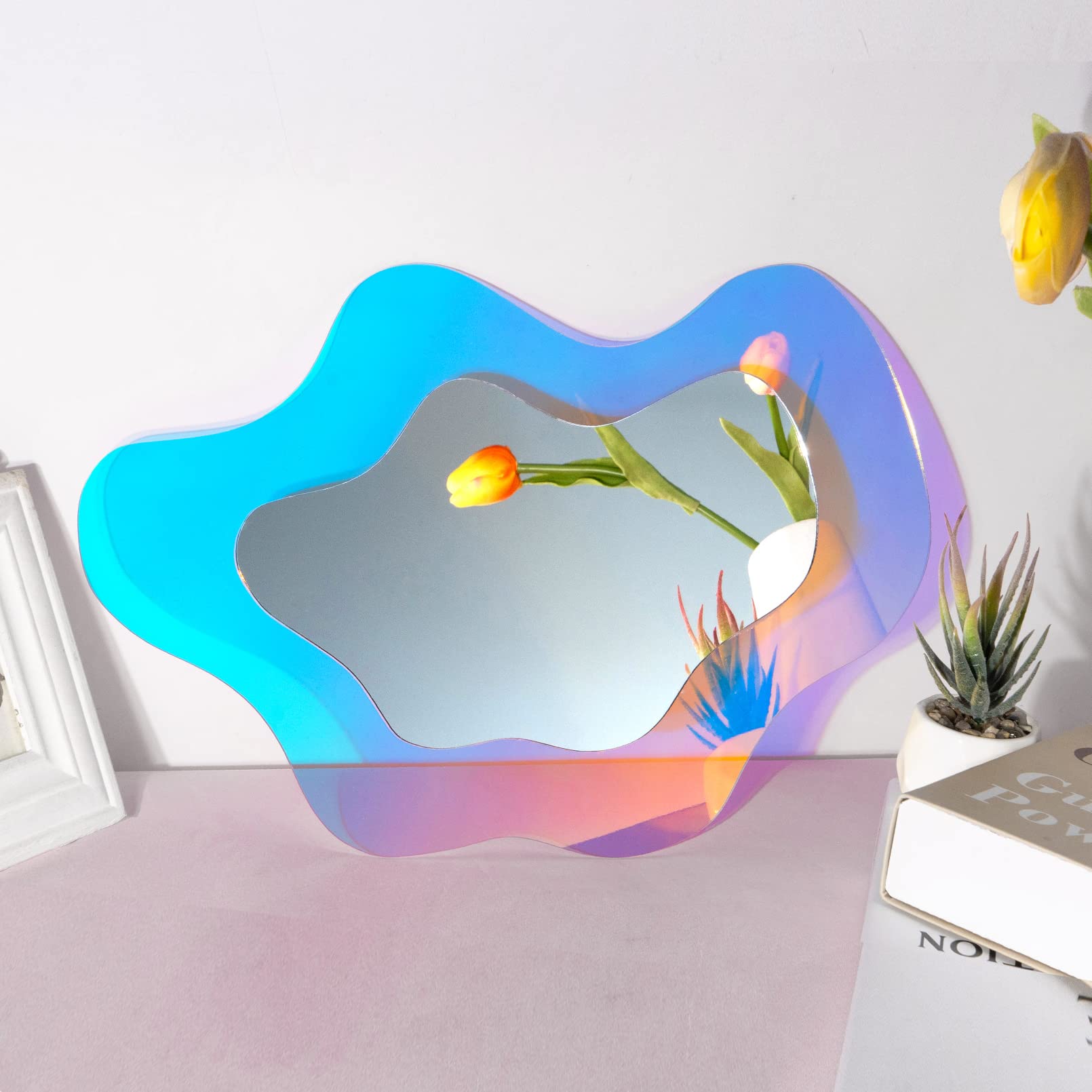 Irregular Wall Mirror Wavy Acrylic Rainbow Mirror Room Decor Aesthetic Mirror Amorphic Vanity Retro Mirror for Bedroom Living Ro