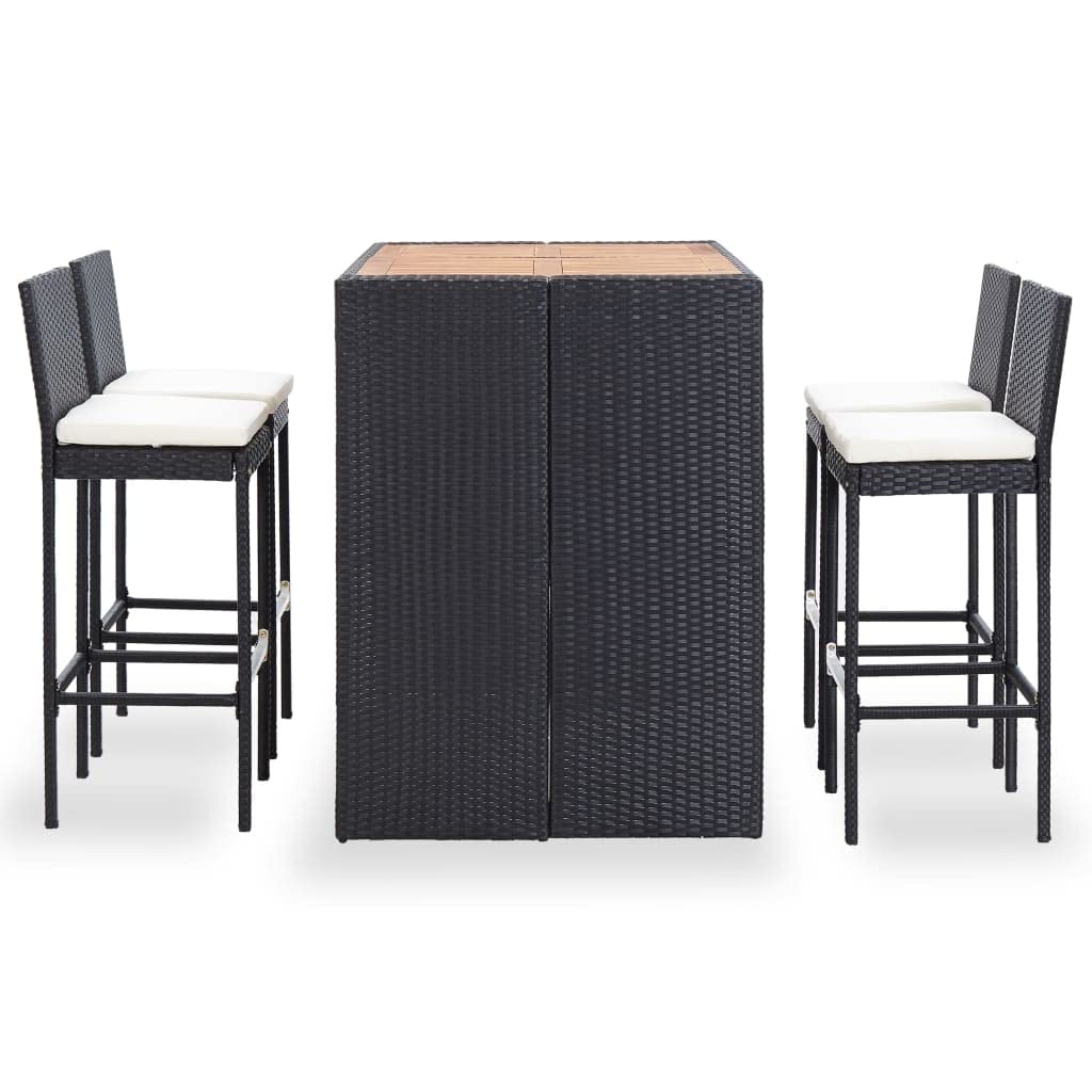 vidaXL Patio Bar Set 5 Piece, Outdoor Bar Table Set with Wood Tabletop, Patio Furniture Set with Cushions, Dining Set for Garden, Rattan and Wood Black
