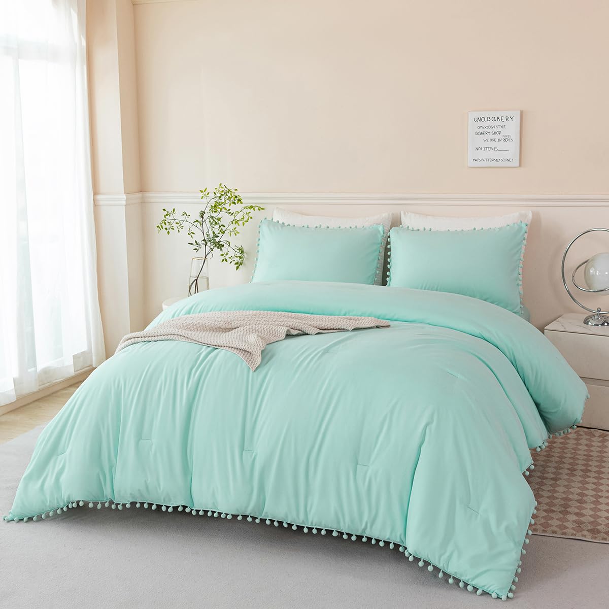 Perfemet 5 Piece Bed In A Bag Queen Size Mint Green Comforter Boho Pom Pom Bedding Comforter Set Soft Fluffy Solid Bedding Set W