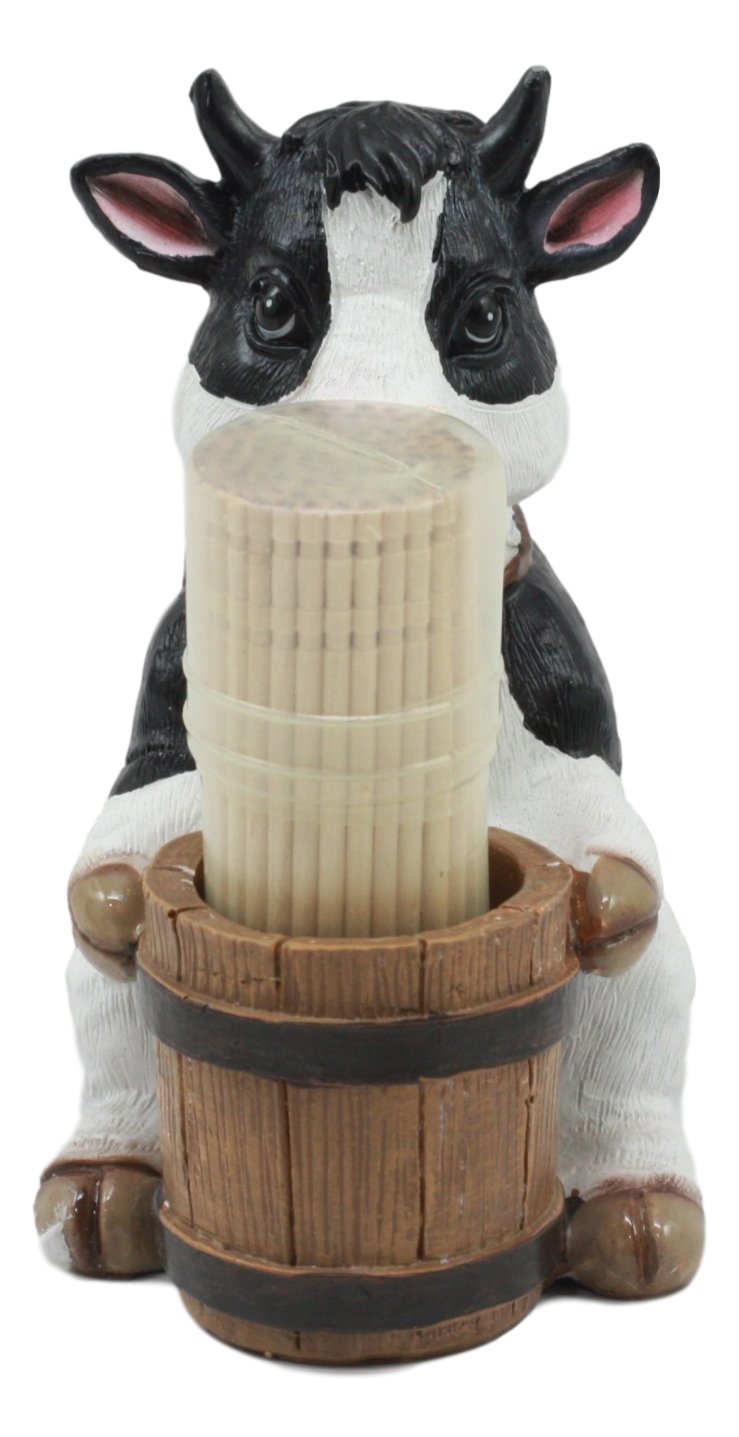 Ebros Country Farm Bovine Cow With Bell Collar Holding A Wooden Barrel Decorative Toothpick Holder Statue With Toothpicks 4'Tal