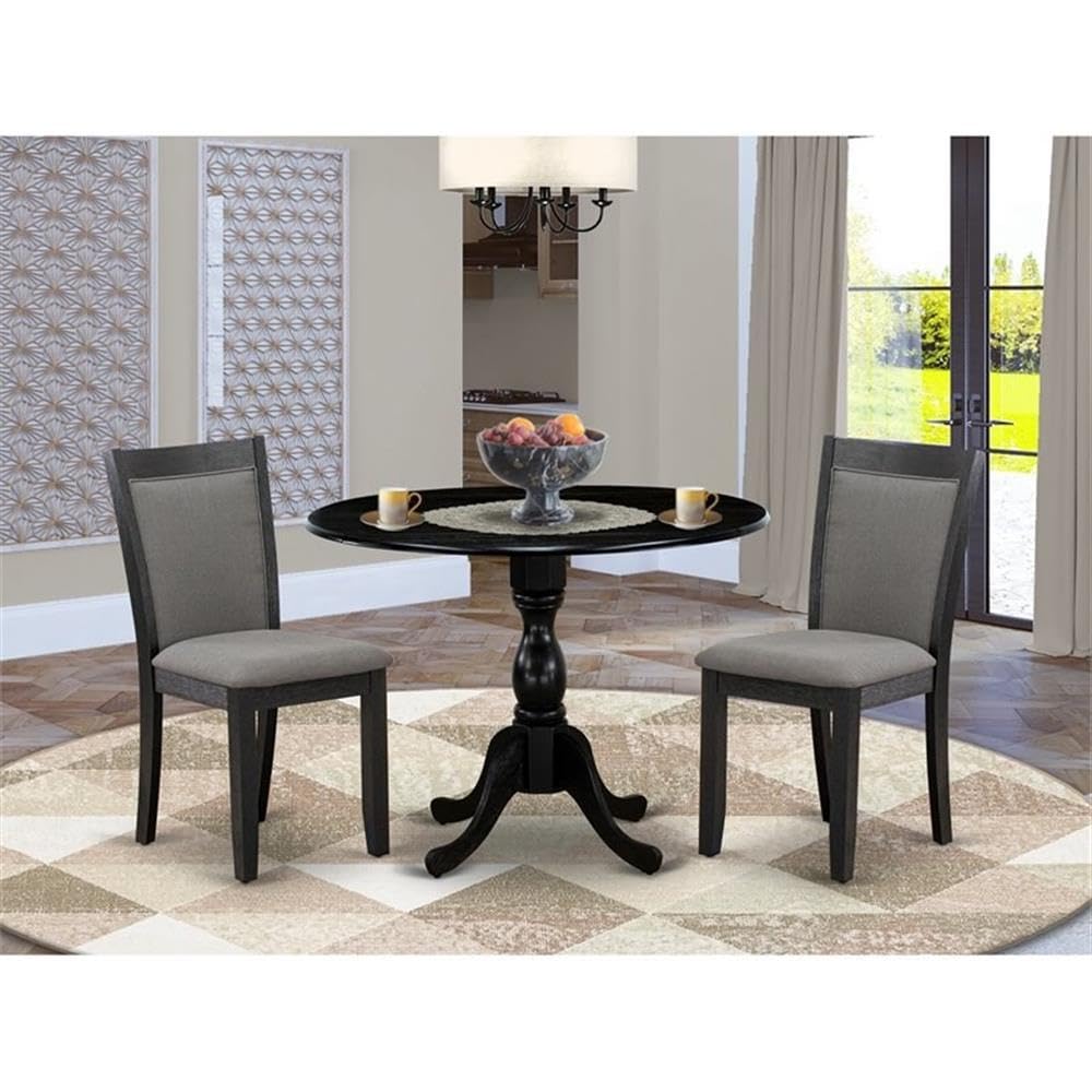 East West Furniture DMMZ3-AB6-50 3 Piece Modern Dining Table Set Contains a Round Wooden Table with Dropleaf and 2 Dark Gotham Grey Linen Fabric Upholstered Chairs, 42x42 Inch, Wirebrushed Black