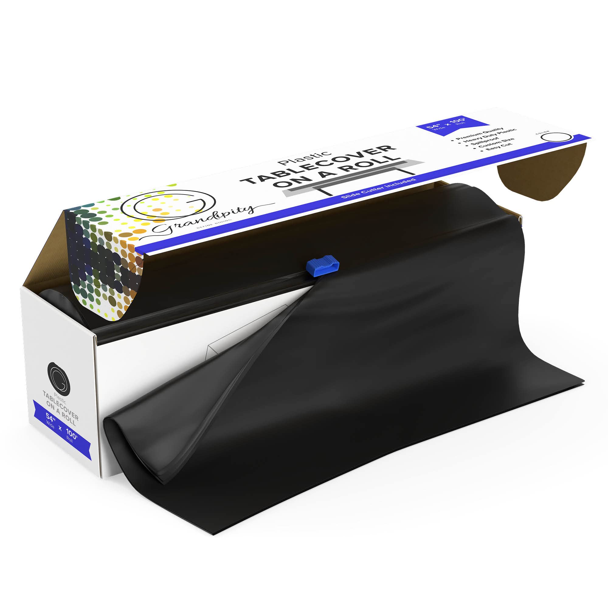 Grandipity Plastic Tablecloth Roll - 54 X100 Black Plastic Table Cloths For Parties Disposable With Cutter Box - Cut To Size Dis