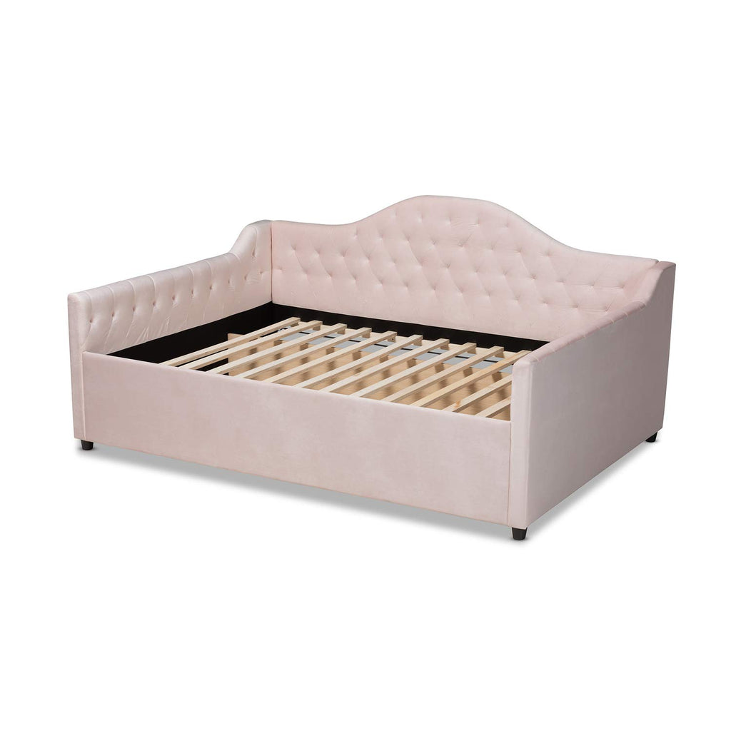 Baxton Studio Perry Modern and Contemporary Light Pink Velvet Fabric Upholstered and Button Tufted Queen Size Daybed