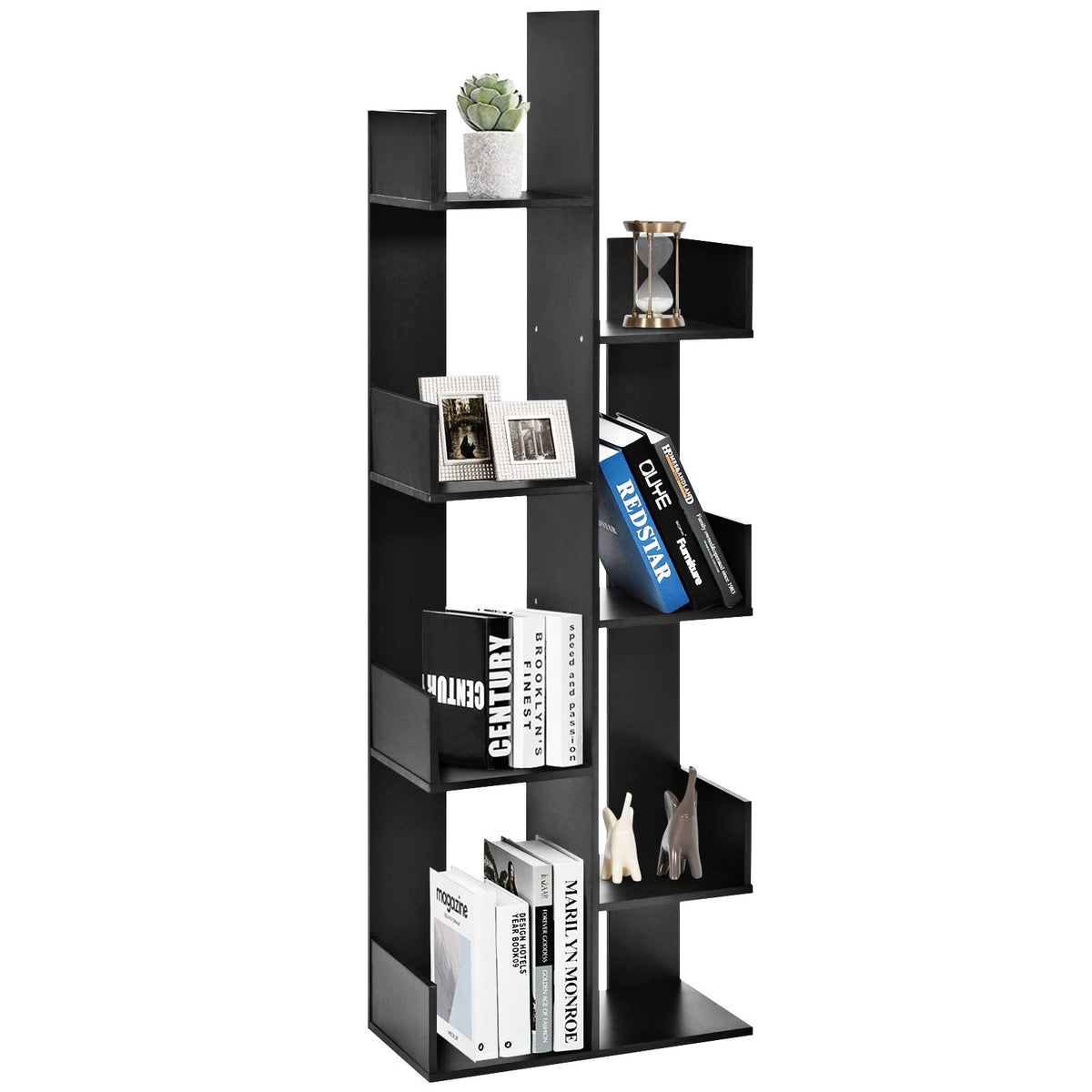 Tangkula 8 Shelf Bookshelf, Tree Bookcase With 8 Book Shelves, Freestanding Room Dividers, 57 X 20 X10 Inch, Display Storage Shelf For Books Cds Plants, Wooden Bookshelf For Home Office Decor