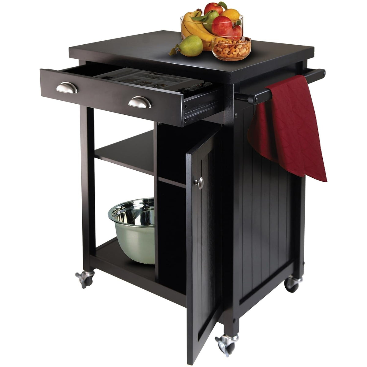 Winsome Timber Wood Kitchen Cart With Wainscot Panel, 1-Drawer, Black (20727)