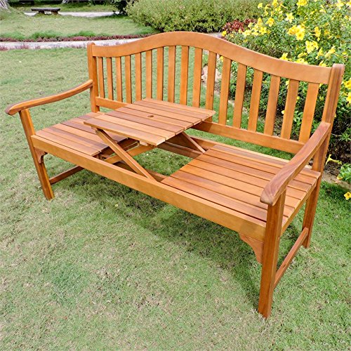 International Caravan Royal Fiji Acacia 59-Inch Camel Back 63-Inch 3-Seater Bench With Pop-Up Table Stain