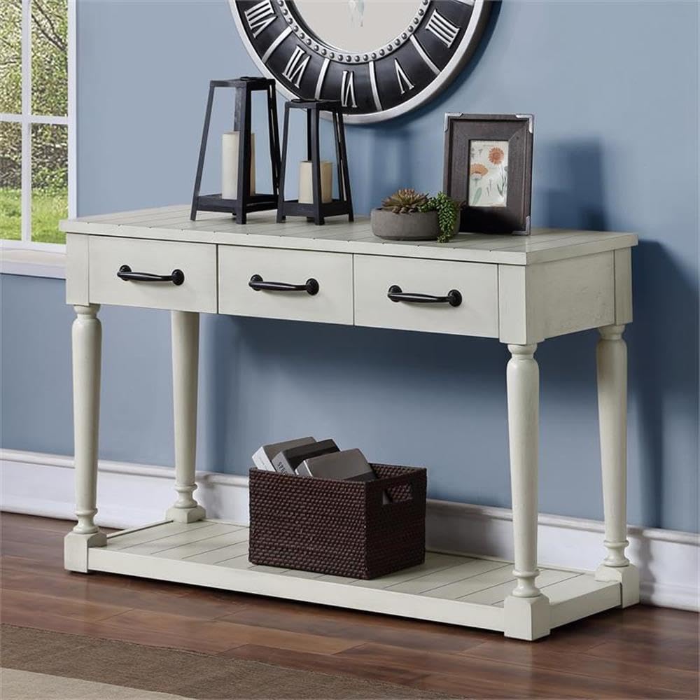 Steve Silver Hemingway Cottage Styling, Alabaster Finish, Working Drawer, Farmhouse Design, Ebony Metal Hardware Sofa Table, 50 x 17 x 30