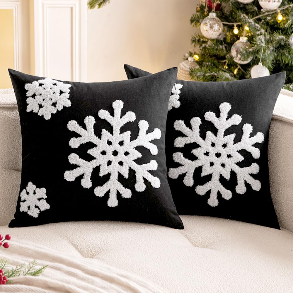 Woaboy Pack Of 2 Christmas Black Throw Pillow Covers Decorative Snowflake Embroidery Couch Pillows Canvas Cushion Cases Holiday