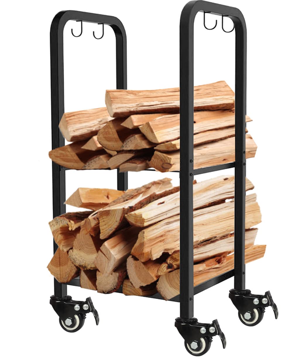 Artibear Small Rolling Firewood Rack On Lockable Wheels, Movable Fire Wood Holder Log Storage Stacker Stand For Outdoor Indoor F