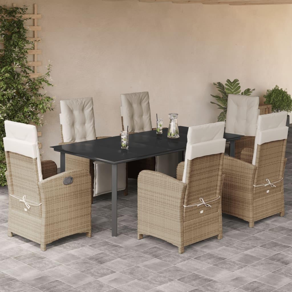 vidaXL 7-Piece Beige Poly Rattan Patio Dining Set with Cushions - Tempered Glass Table/Adjustable Reclining Chairs for Outdoor Garden, Deck or Balcony