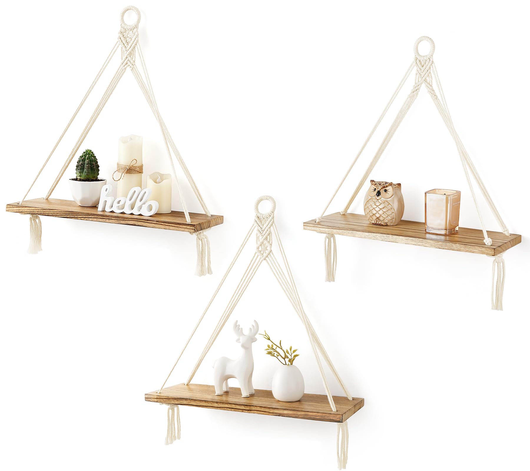 Mkono Macrame Hanging Shelves Boho Wall Decor Set of 3 Rustic Wood Floating Storage Shelf for Bedroom Bathroom Living Room Nurse