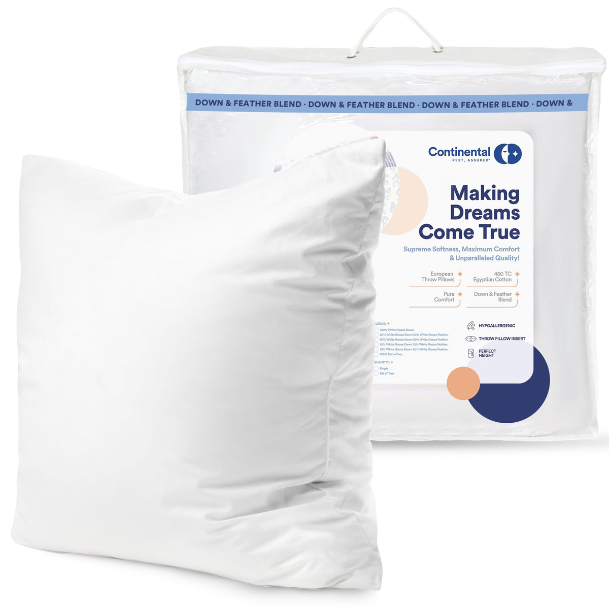 Continental Bedding 50/50 Decorative Inser Throw Pillow, 20X20, White