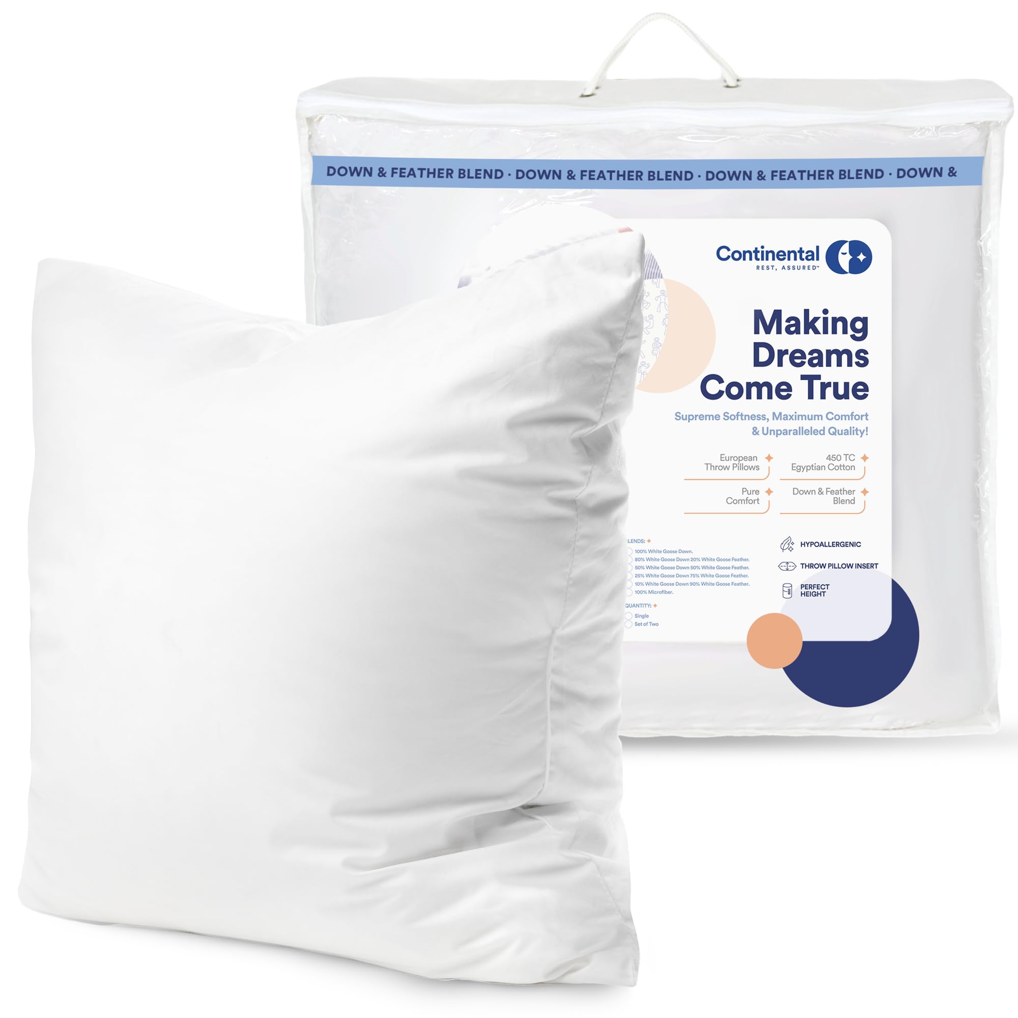 Continental Bedding 50/50 Decorative Inser Throw Pillow, 26X26, White