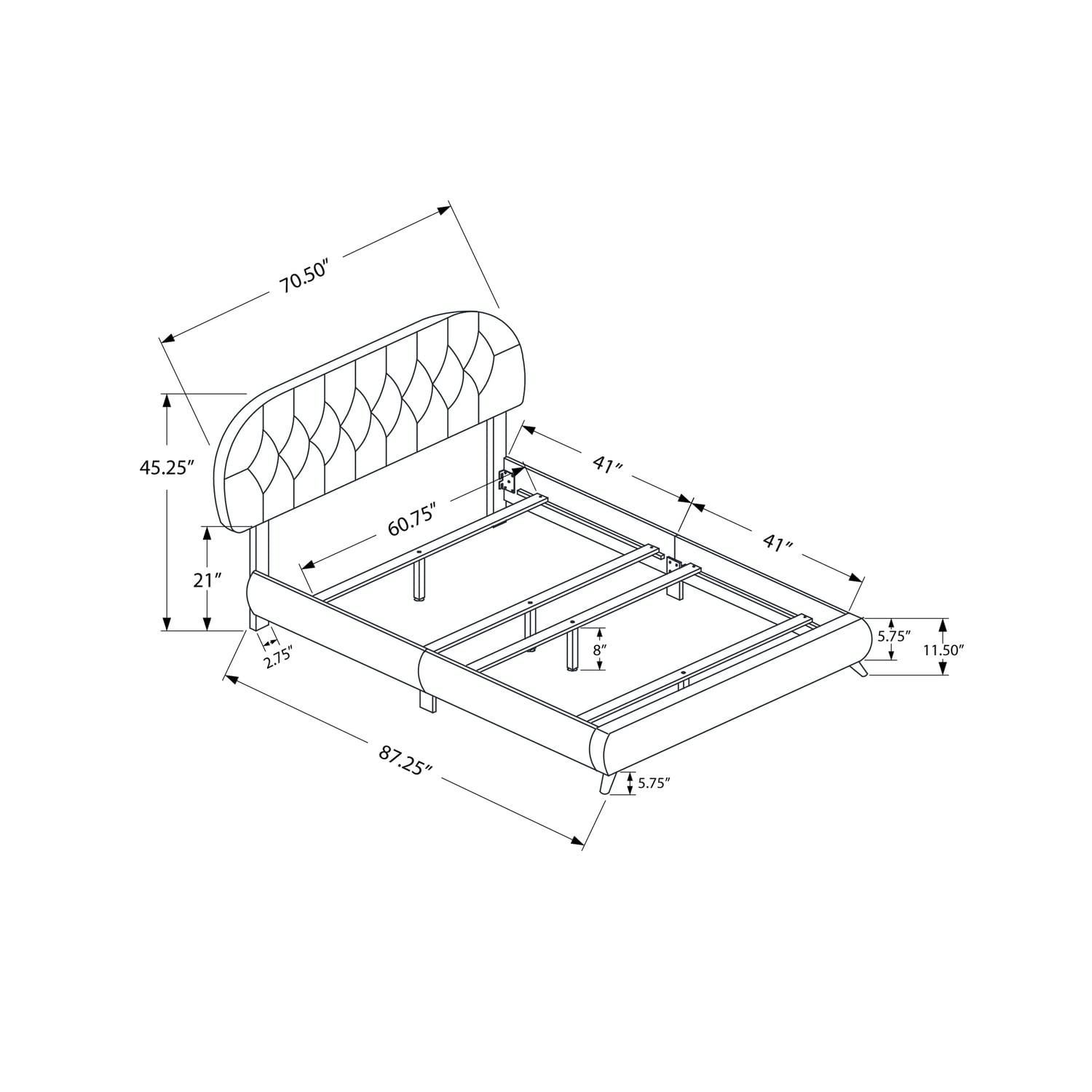 Monarch Specialties Queen Size/Brown Leather-Look with Wood Legs Bed