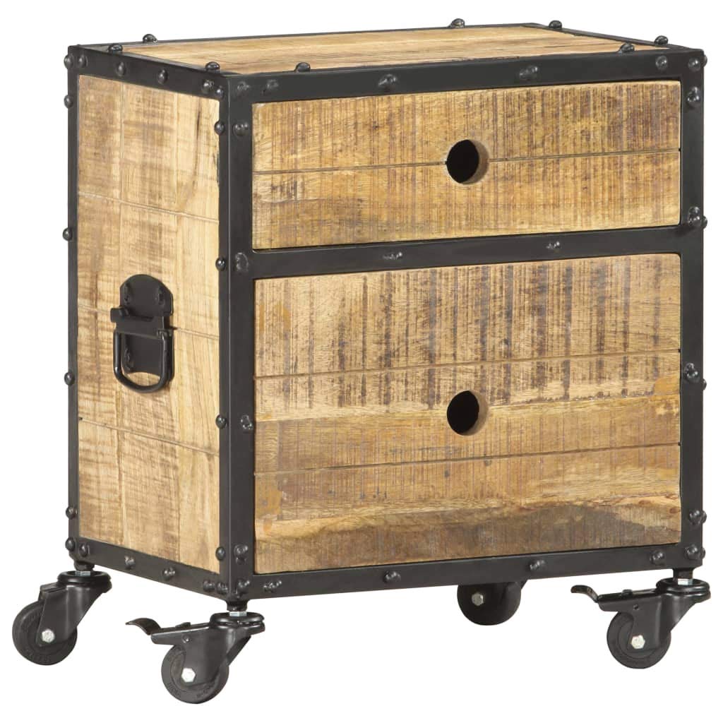 vidaXL Industrial-Style Bedside Cabinet | Solid Mango Wood, with Iron Accents and Rubber Wood | Two Drawers and Wheels | Brown Rectangular Side/End Table with Handles