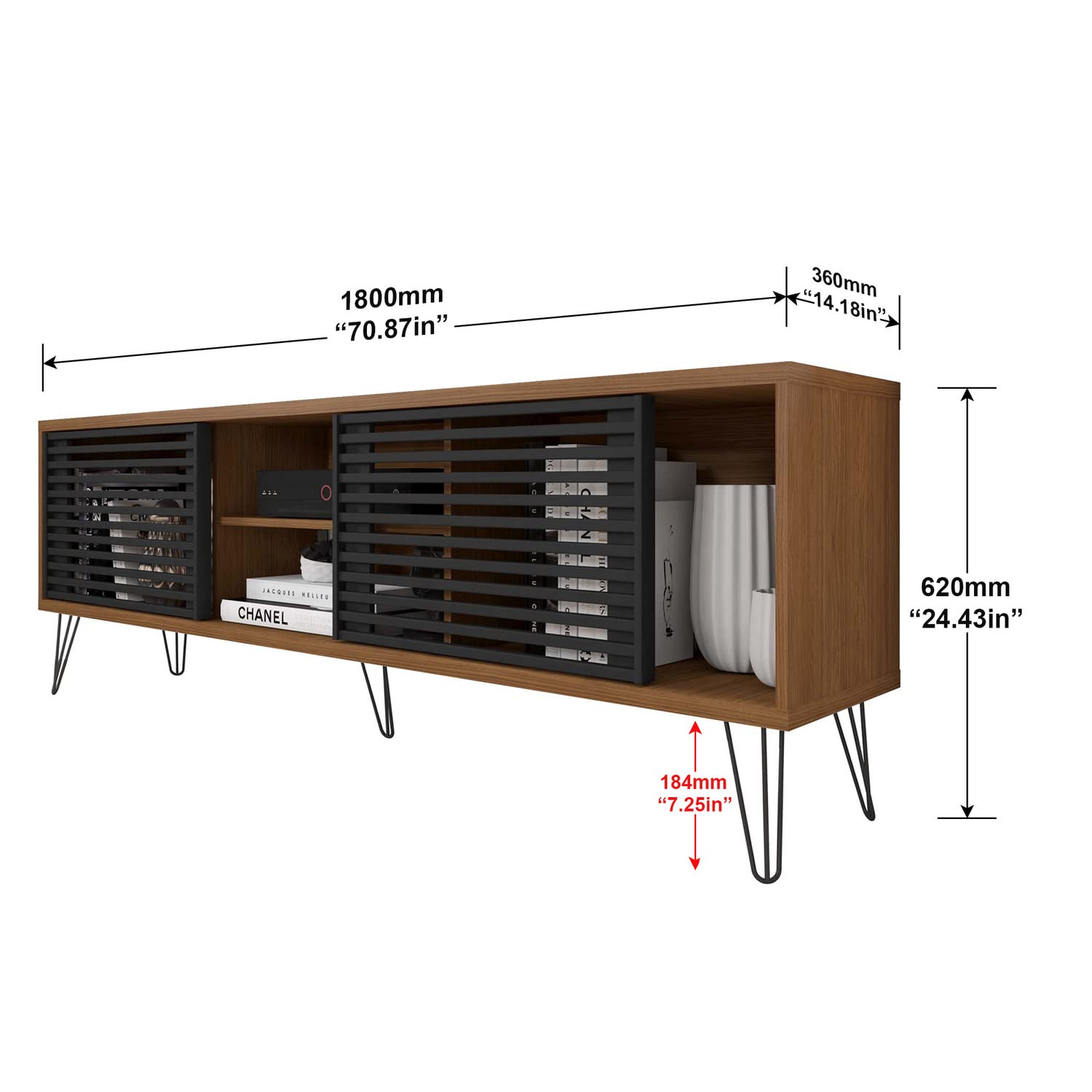 Better Home Products Frizz Mid-Century Modern Tv Stand For Up To 70 Inches Tv In Dark Walnut And Black/Easy Assembly