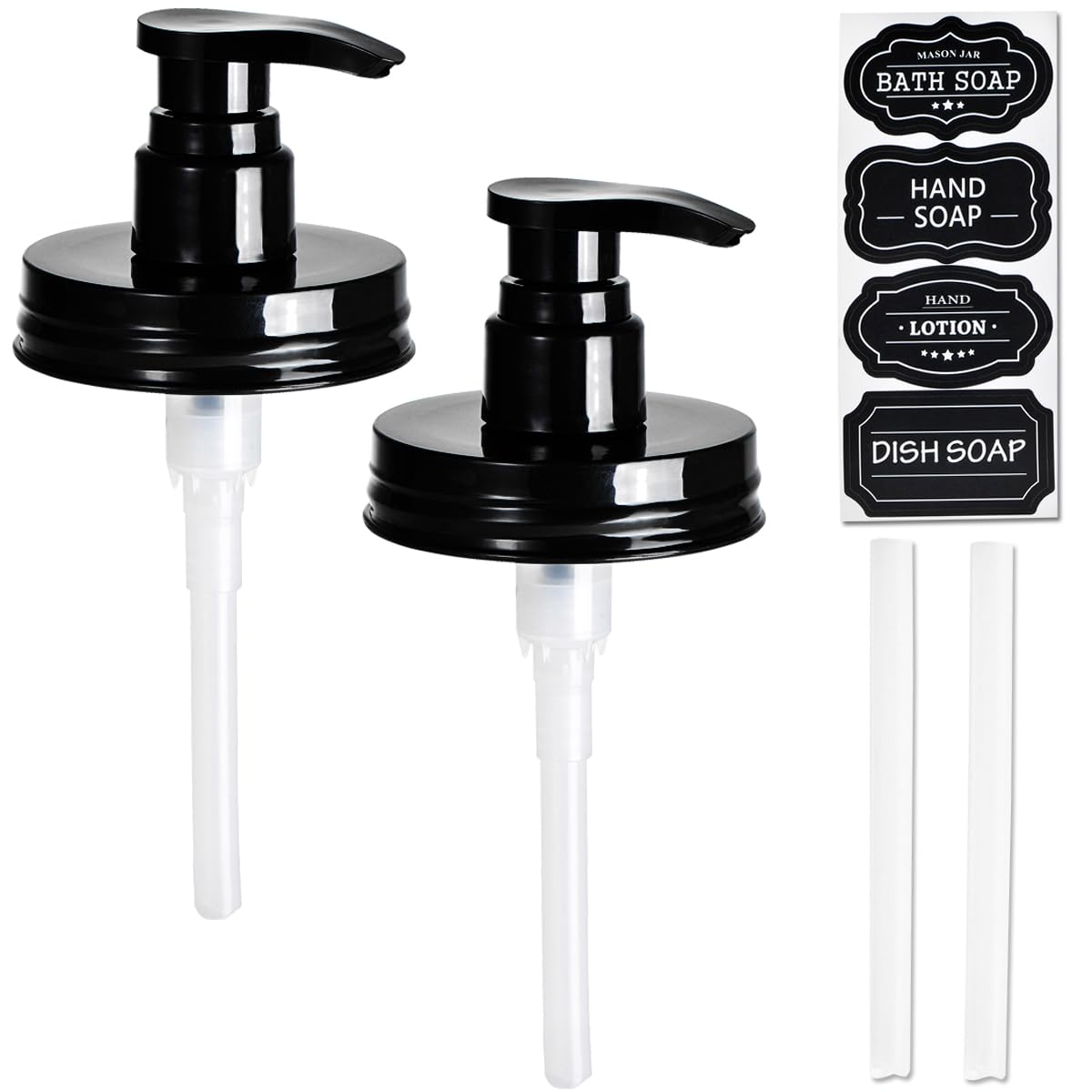 Amolliar Plastic Mason Jar Soap Dispenser Lids(2) - Universal Pump Replacement for Regular Mouth Jar - Long Tubes & Cute Lables 