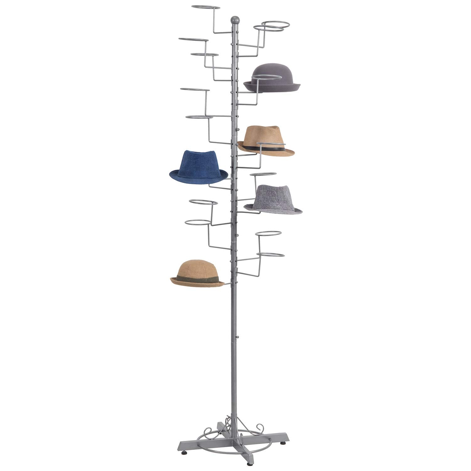 MyGift Modern Large Freestanding Hat Rack Stand, Silver Metal Retail Wig or Hat Display Stand with 20 Customizable Circular Hook