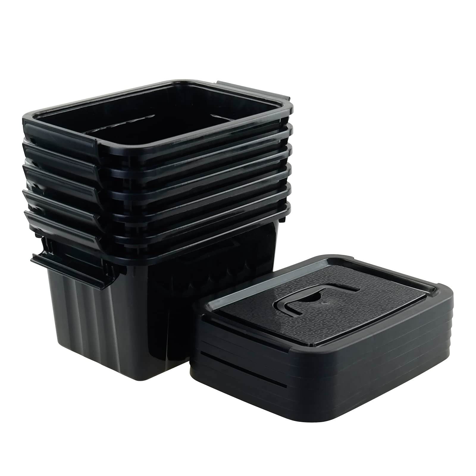 Tyminin Black Plastic Storage Bin Ith Lids And Latch, Small Stackable Organizing Box Containers, 6 Packs