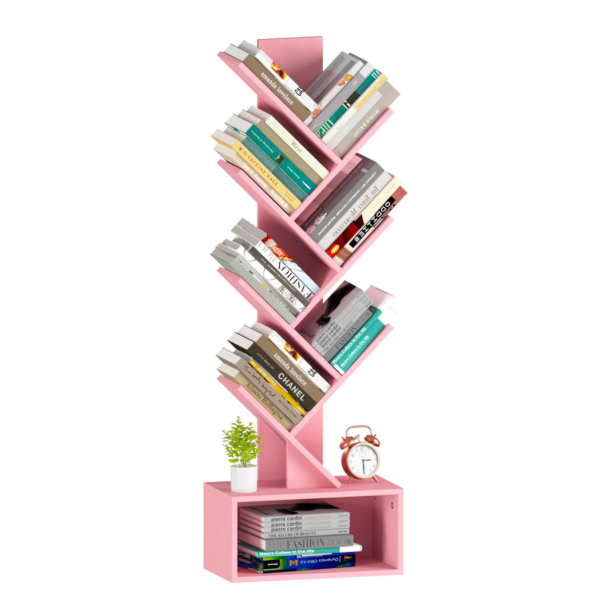 Yoobure Tree Bookshelf - 6 Shelf Retro Floor Standing Bookcase, Tall Wood Book Storage Rack For Cds/Movies/Books, Utility Book Organizer Shelves For Bedroom, Living Room, Home Office Pink