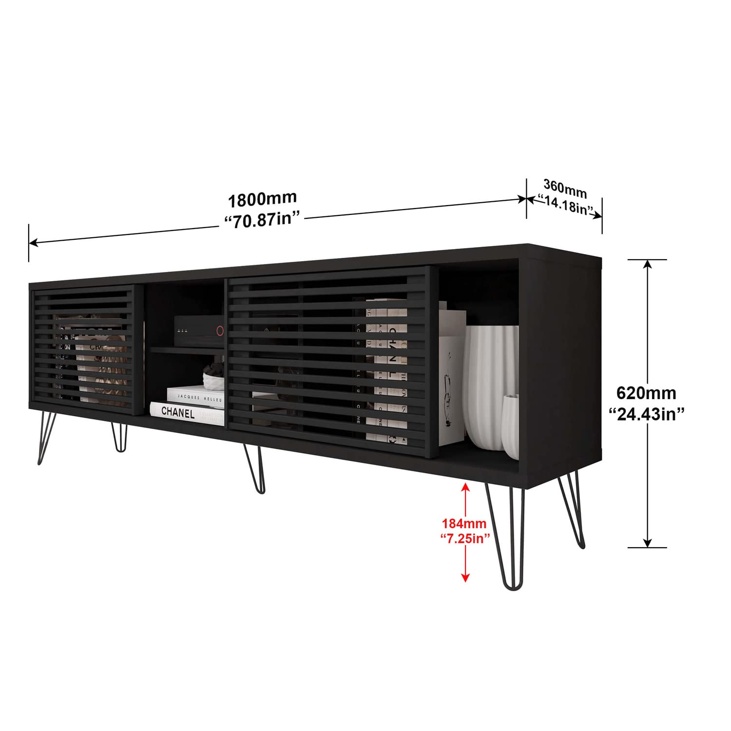 Better Home Products Frizz Mid-Century Modern TV Stand for up to 70 Inches TV in Black/Easy Assembly
