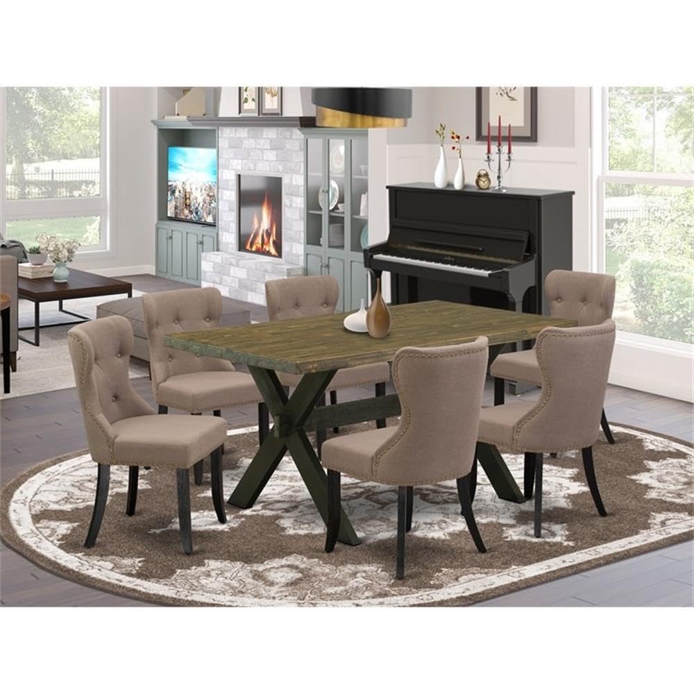 East West Furniture X676Si648-7 7 Piece Modern Dining Table Set Consist Of A Rectangle Wooden Table With X-Legs And 6 Coffee Linen Fabric Upholstered Chairs, 36X60 Inch, Multi-Color