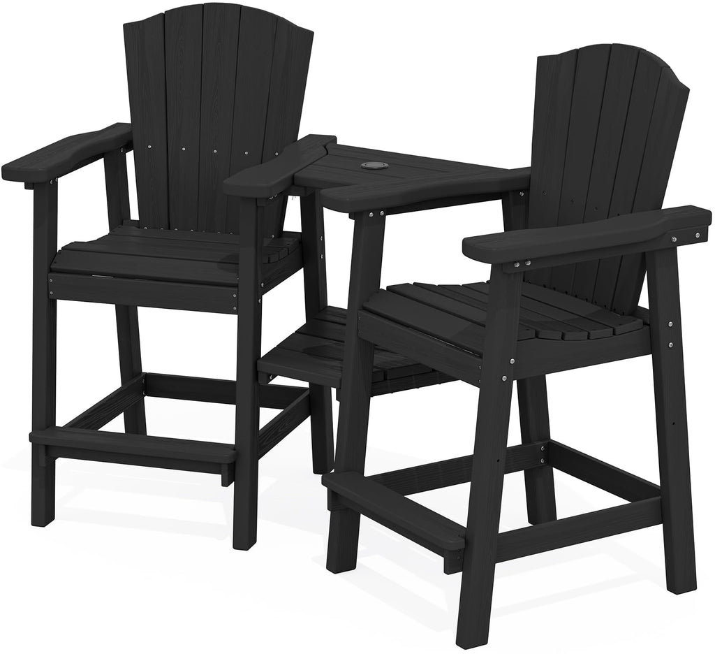 Kingyes Tall Adirondack Chair Set Of 2, Hdpe Tall Adirondack Barstools With Double Connecting Trays, Embossed Bar Height Adirondack Chair For 2, All Weather Resistant Balcony Adirondack Chairs, Black
