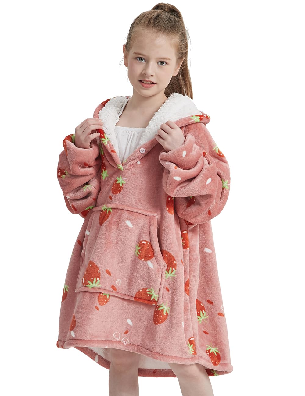 Nafleap Wearable Blanket Kids Hoodie Oversized Fleece Sherpa Christmas Sweatshirt Gift For Girls, Strawberry