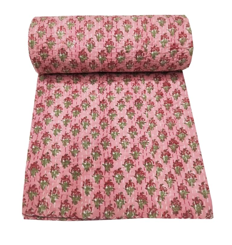 Yuvancrafts Indian Block Print Quilt Queen Kantha Quilts Kantha Throw Kantha Bedspread Blanket Cotton Bed Cover Quilt Boho Kanth