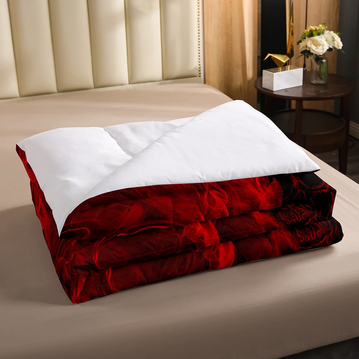 Gothic Skull Bedding Set Red And Black Skeleton Comforter Set King For Kids Boys Teen Men,Psychedelic Goth Skull Quilted Duvet T