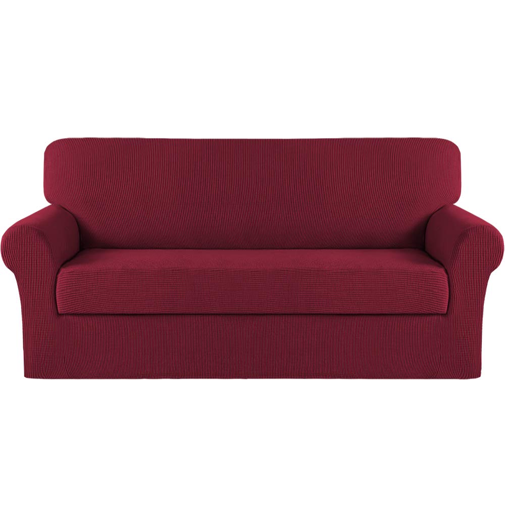 Turquoize Stretch Sofa Slipcover 2 Pieces Sofa Cover Couch Cover For 3 Cushion Couch Washable Furniture Protector Covers With Elastic Bottom Feature Thick Jacquard Fabric (Sofa, Burgundy)