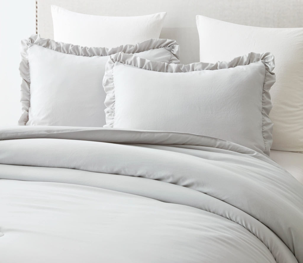 Chezmoi Collection Nora 2-Piece Ruffled Edge Trim Soft Washed Microfiber Comforter Set (Twin, Light Gray)