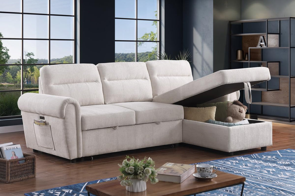 Lilola Home Hugo 97' W Beige Chenille Reversible Sleeper Sectional Sofa with Storage Chaise, USB Chargers, Phone/Magazine Pockets
