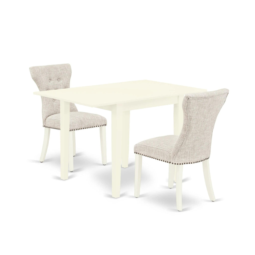 East West Furniture Ndga3-Lwh-35 3 Piece Dinette Set For Small Spaces Contains A Rectangle Dining Table With Dropleaf And 2 Doeskin Linen Fabric Upholstered Chairs, 30X48 Inch, Linen White