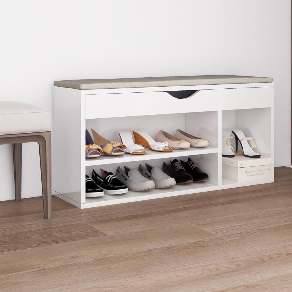 vidaXL Glossy White Shoe Bench with Detachable Cushion, 40.9&quot;x11.8&quot;x19.3&quot;, Comfortable Seating and Shoe Storage Solution, Engineered Wood & MDF, Modern Design, Easy to Clean.