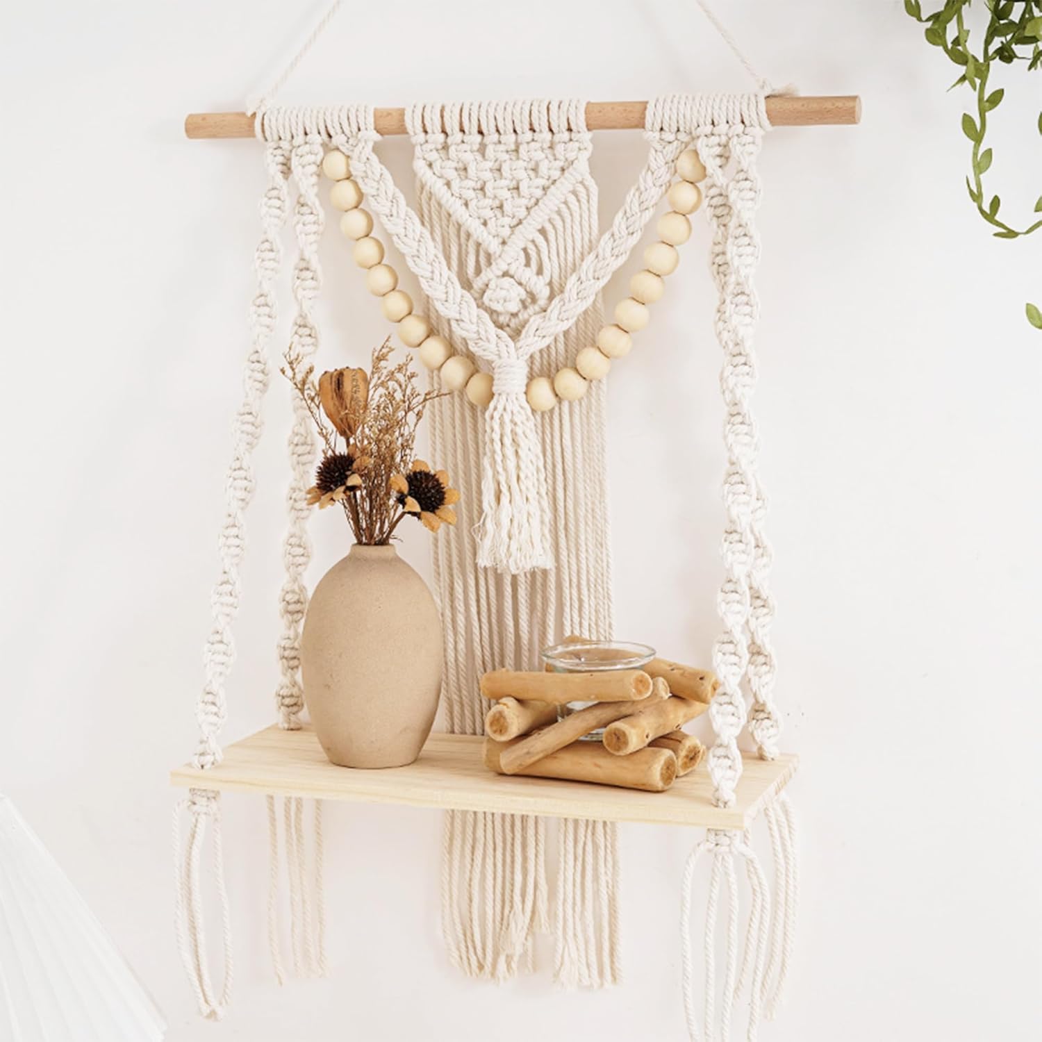 Daruh Craft Macrame Wall Hanging Shelf Handmade Floating Boho Decor Shelf Wooden Dowel And Beads With Braided Design For Display
