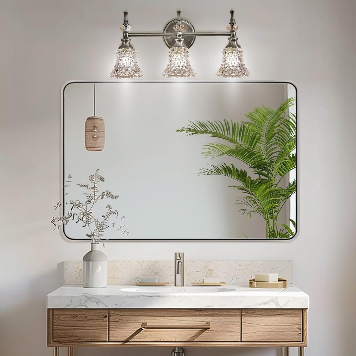 ANDY STAR 48x32 Inch Chrome Bathroom Mirror, Chrome Bathroom Vanity Mirror, Rounded Rectangle Mirror, Anti-Rust SUS304, Seamless