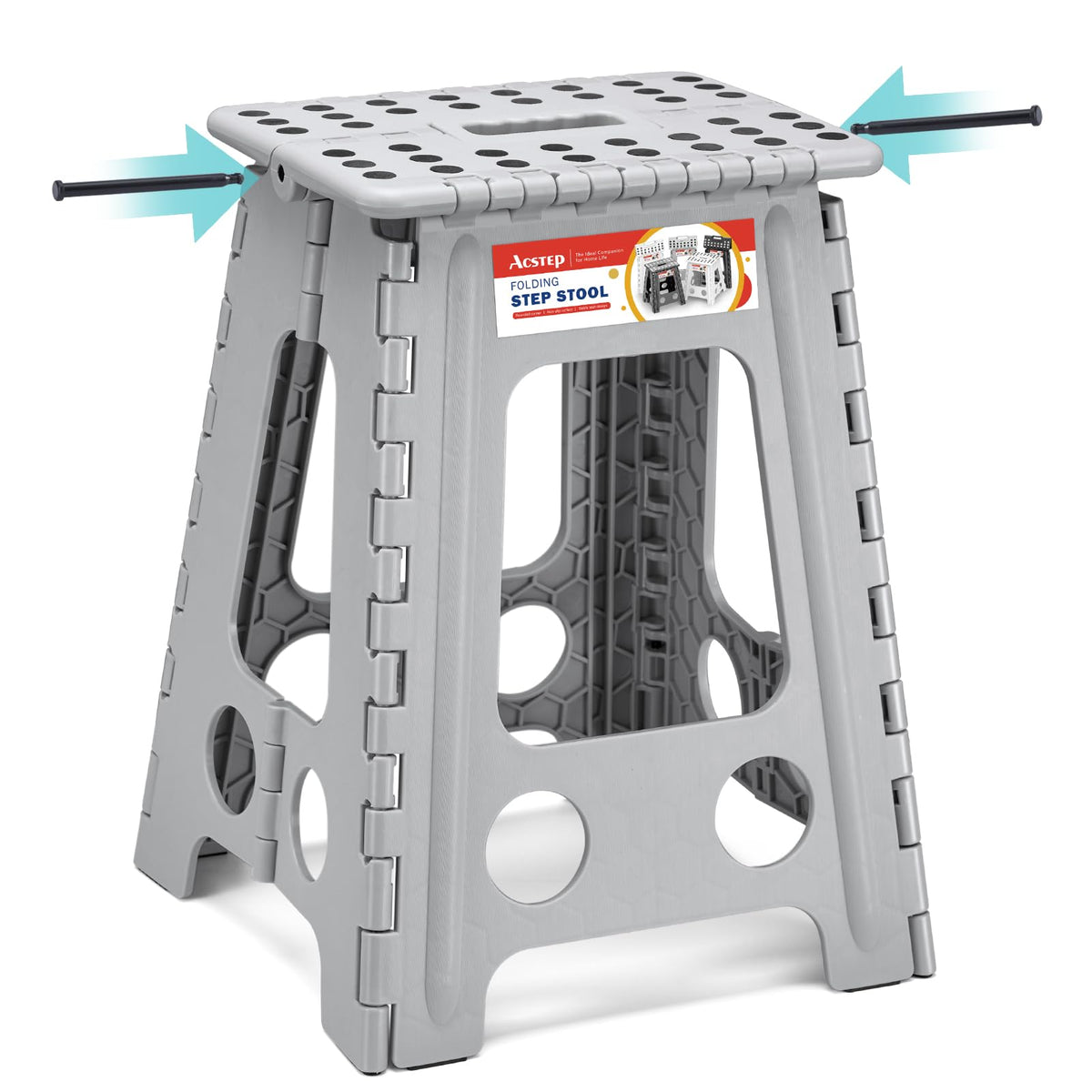 Acstep Folding Step Stool 17.5 Inch Heavy Duty Step Stool Foldable For Adults And Kids, Collapsible Stepping Stool With Handle, Non Slip Folding Stools For Kitchen Hold Up To 400Lbs (Grey 1Pc)