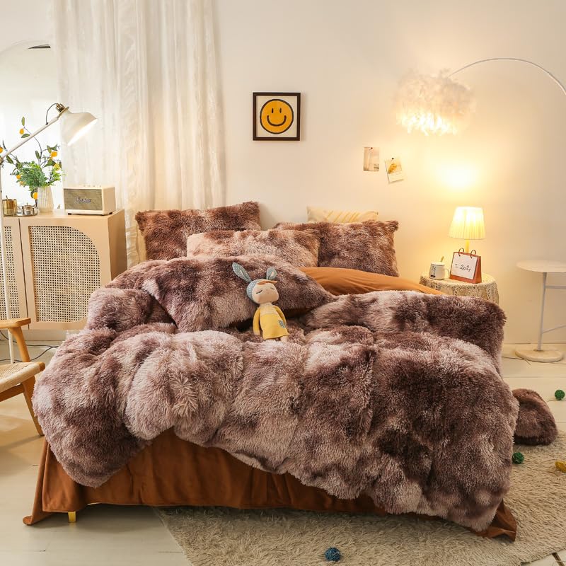 chovy Faux Fur Tie-Dyed Brown White White Colorful Comforter Sets Queen - 3PC Bed Set Ultra Soft Plush Flannel Velvet Fluffy Fuz