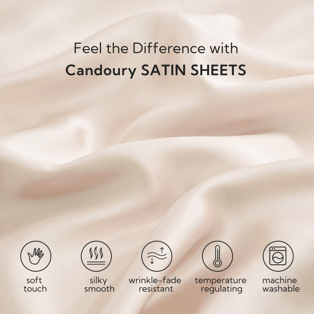 Candoury Satin Sheets Queen Bed Set 4 Pcs, Soft And Durable Pillowcase, Flat Sheet And Fitted Sheet, Hotel Luxury Silky Satin Sheets Set(Queen, Beige)