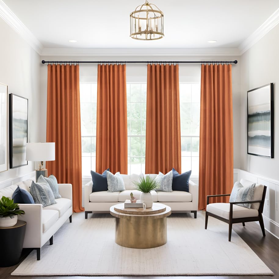 Mrs.Naturall Burnt Orange Linen Curtains Long For Living Room 2 Panel Set Rod Pocket Bedroom 52X96 Inches Long