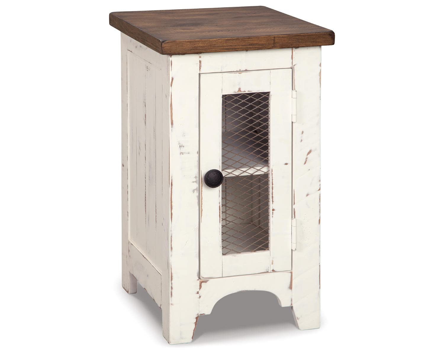 Signature Design by Ashley Wystfield Farmhouse Chair Side End Table with Cabinet Door for Storage, White & Brown with Distressed