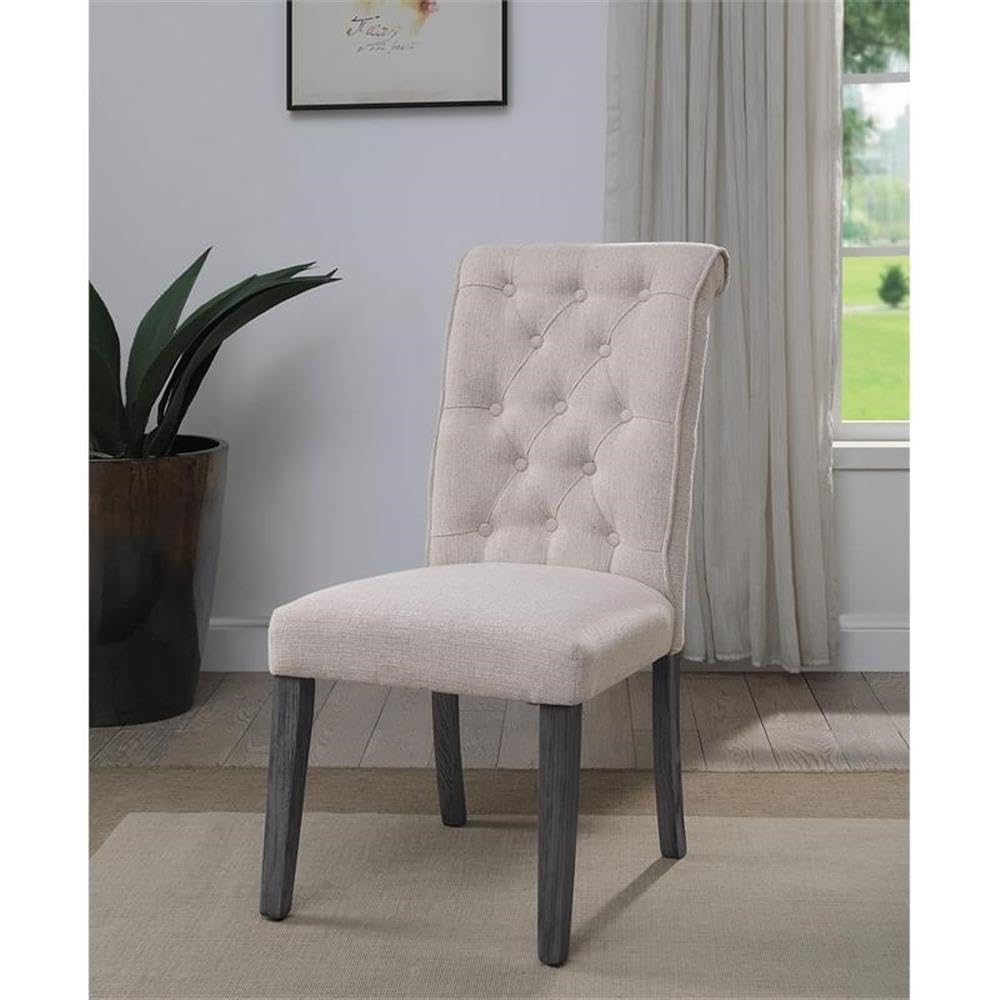 Acme Yabeina Linen Fabric Upholstery Side Chair in Beige and Gray Set of 2
