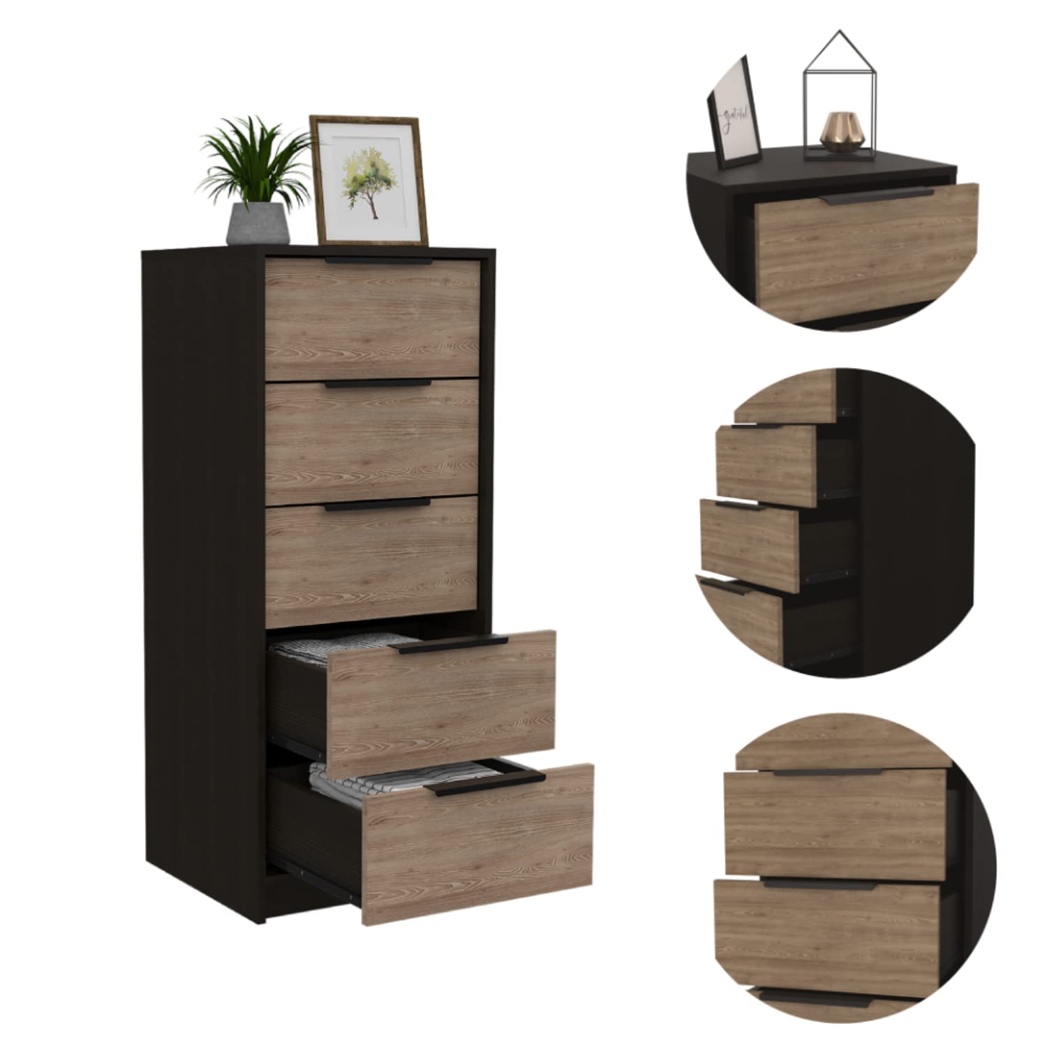 Egeo Space Saver Vertical Dresser with Five Drawers - Black/Light Oak