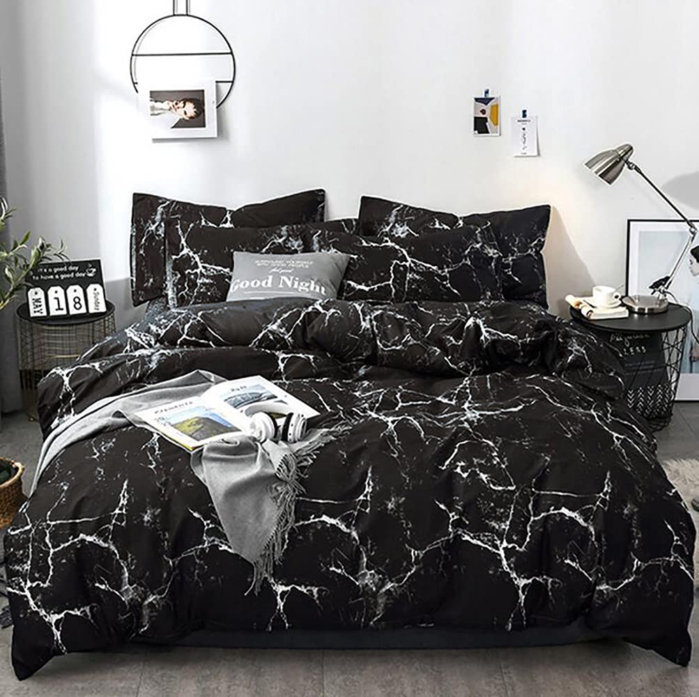 KAREVER Bedding Set - Full Black Marble 3 Pcs Comforter Set - Includes 1 Comforter, 2 Pillow Covers Cotton, Soft, Breathable, Lu