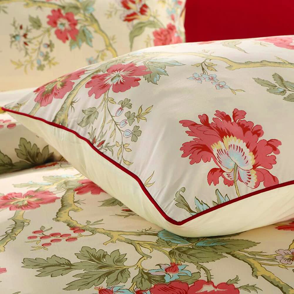 Mixinni Garden Style 3 Pieces Red Flower Leaf Pattern Duvet Cover Set Queen Reversible Beige Comforter Cover Set For Women And M
