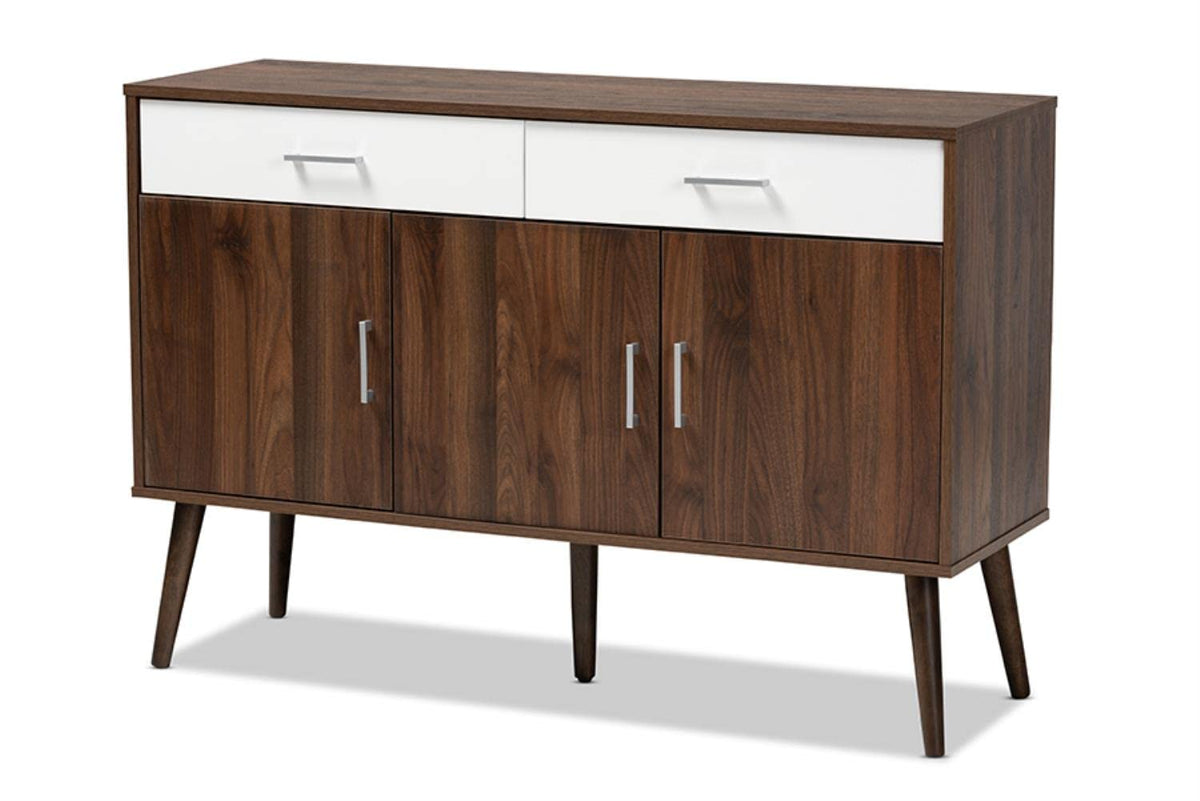 Baxton Studio Leena Mid-Century Modern Two-Tone White And Walnut Brown Finished Wood 2-Drawer Sideboard Buffet