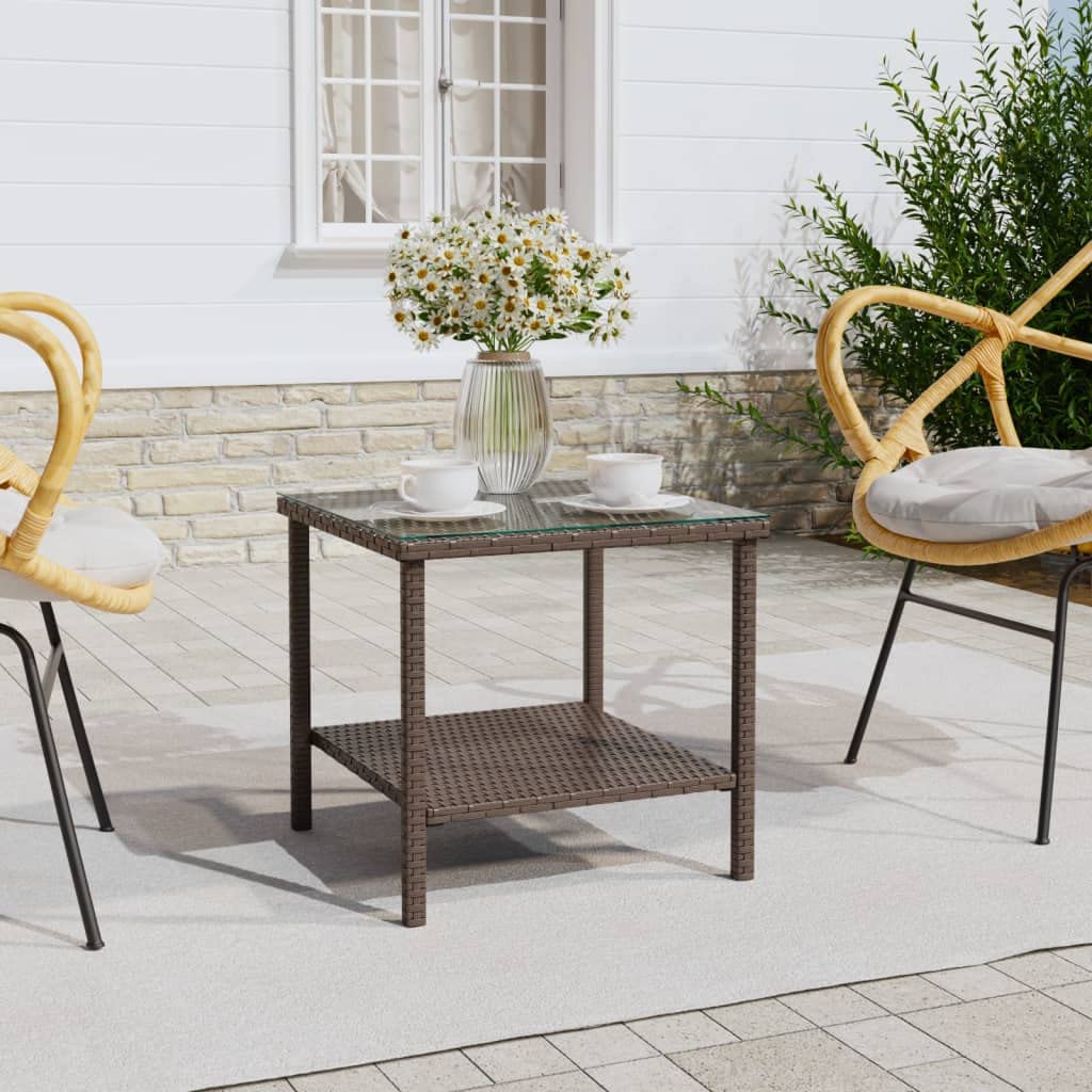 vidaXL Poly Rattan Brown Side Table - Indoor and Outdoor 17.7&quot;x17.7&quot;x17.7&quot; with Storage Shelf and Tempered Glass Top